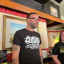 Load image into Gallery viewer, Clash City Tattoo Graffiti white on black tultex mens t shirt