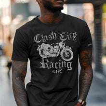 Load image into Gallery viewer, Clash City Racing Vintage Motorcycle silver print tultex mens t shirt