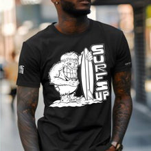 Load image into Gallery viewer, Sun God Surf’s Up black tultex mens t shirt