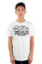 Load image into Gallery viewer, Clash City Tattoo Graffiti black on white tultex mens t shirt