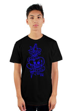 Load image into Gallery viewer, Clash City Tattoo Skull & Dagger blue on black tultex mens t shirt