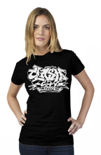 Load image into Gallery viewer, Clash City Tattoo Graffiti white on black tultex womens t shirt