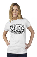 Load image into Gallery viewer, Clash City Tattoo Graffiti black on white tultex womens t shirt