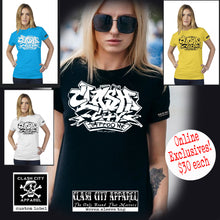 Load image into Gallery viewer, Clash City Tattoo Graffiti white on black tultex womens t shirt