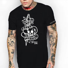 Load image into Gallery viewer, Clash City Tattoo Skull & Dagger white on black tultex mens t shirt