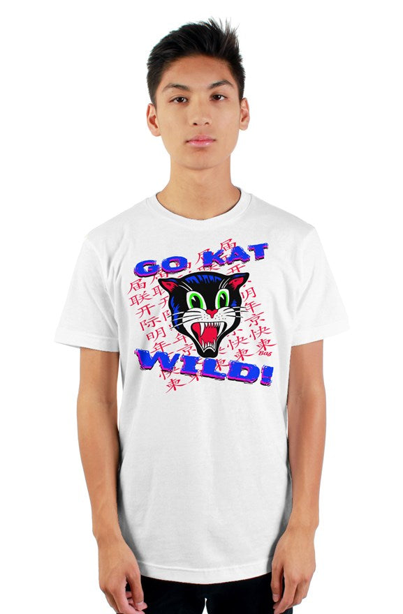 Go Cat Wild Japanese Rockabilly T Shirt Men's (White)