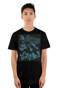 Space Punks Out Of control Blue print on Black mens t shirt