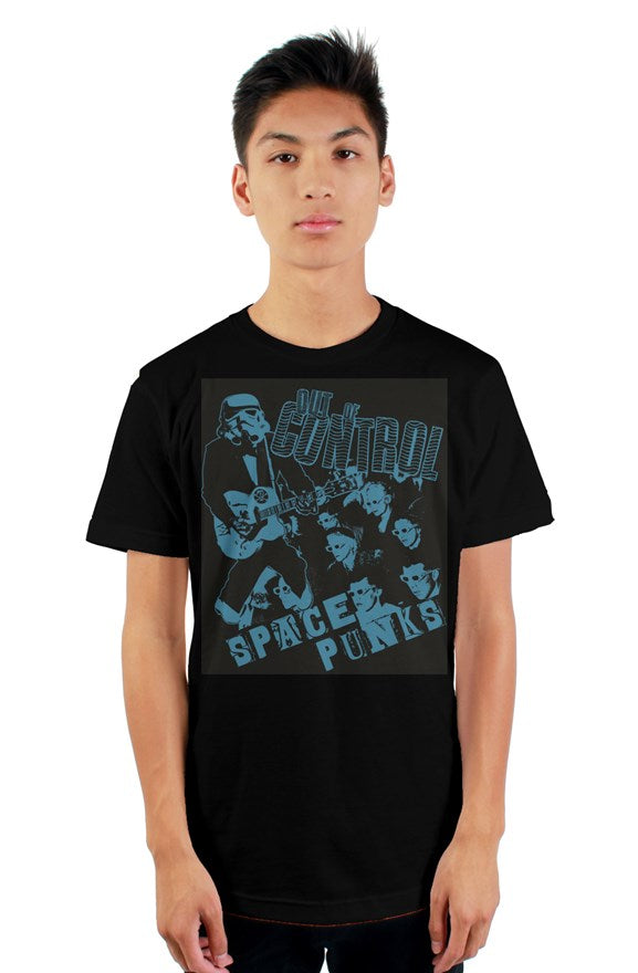 Space Punks Out Of control Blue print on Black mens t shirt