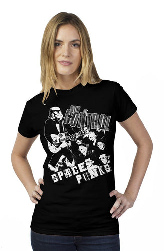 Space Punks out Of Control White print on black womens t shirt