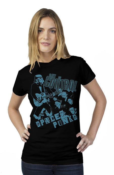 Space Punks Out Of Control Blue print on black womens t shirt