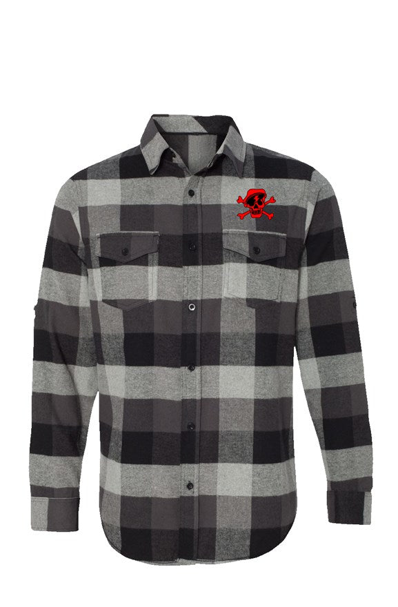 Red Skull Embroided Long Sleeve Flannel Grey And Black