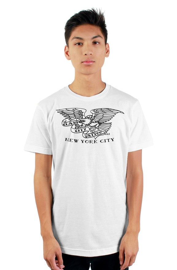 Clash City Tattoo Eagle Black lines white tultex mens t shirt