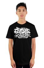 Load image into Gallery viewer, Clash City Tattoo Graffiti white on black tultex mens t shirt
