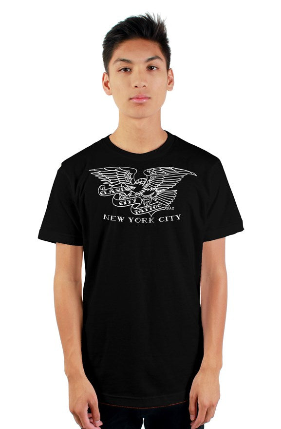 Clash City Tattoo Eagle white on black tultex mens t shirt