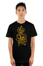 Load image into Gallery viewer, Clash City Tattoo Skull &amp; Dagger brown on black tultex mens t shirt
