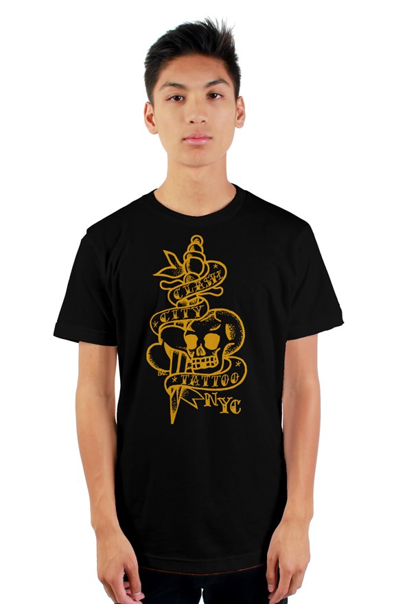 Clash City Tattoo Skull & Dagger brown on black tultex mens t shirt