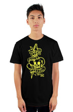 Load image into Gallery viewer, Clash City Tattoo Skull &amp; Dagger yellow on black tultex mens t shirt
