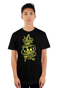 Clash City Tattoo Skull & Dagger yellow on black tultex mens t shirt