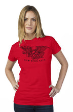 Load image into Gallery viewer, Clash City Tattoo Eagle black on red tultex womens t shirt
