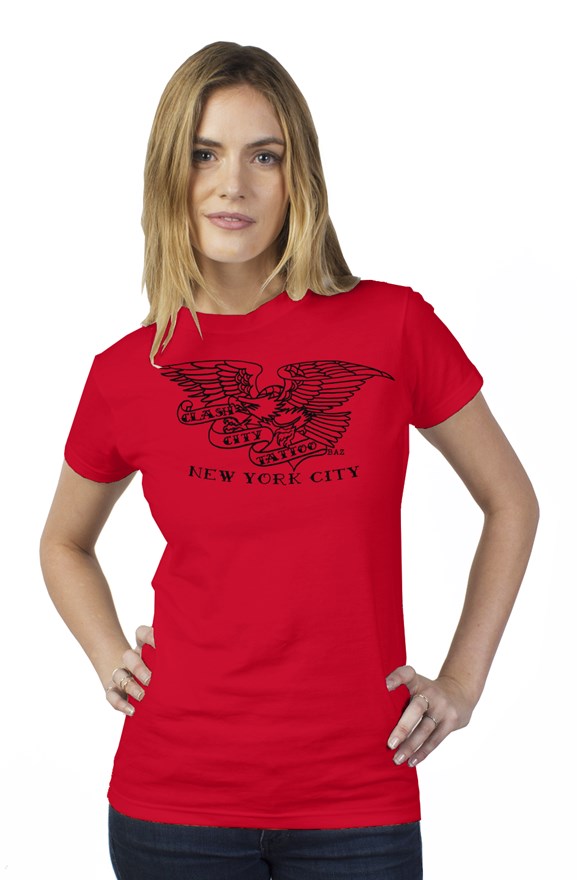 Clash City Tattoo Eagle black on red tultex womens t shirt