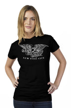 Load image into Gallery viewer, Clash City Tattoo eagle white on black tultex womens t shirt
