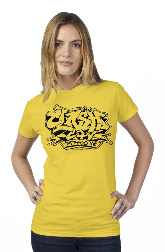 Clash City Tattoo Graffiti black on sunshine yellow tultex womens t shirt