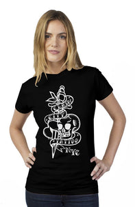 Clash City Tattoo Skull & Dagger white on black tultex womens t shirt