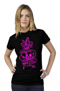 Clash City Tattoo Skull & Dagger pink on black tultex womens t shirt