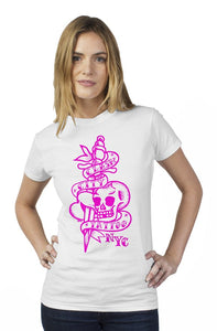 Clash City Tattoo Skull & Dagger pink on white tultex womens t shirt