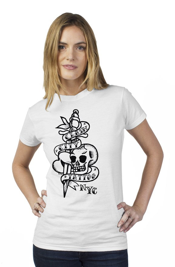 Clash City Tattoo Skull & Dagger black on white tultex womens t shirt