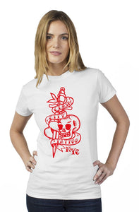 Clash City Tattoo Skull & Dagger red on white tultex womens t shirt