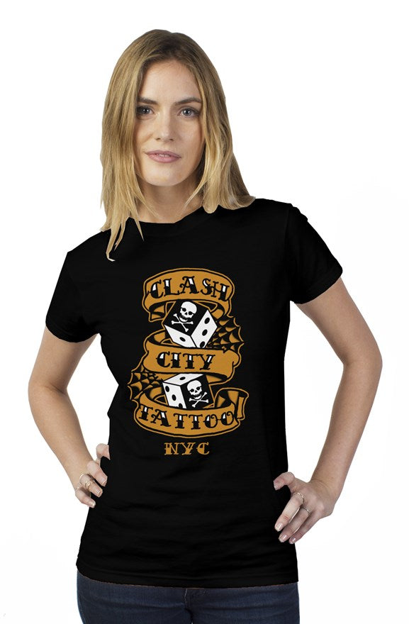 Clash City Tattoo Dice & Skulls Black womens t shirt