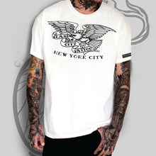 Load image into Gallery viewer, Clash City Tattoo Eagle Black lines white tultex mens t shirt
