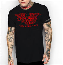 Load image into Gallery viewer, Clash City Tattoo Eagle red on black tultex mens t shirt
