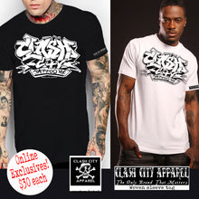 Load image into Gallery viewer, Clash City Tattoo Graffiti white on black tultex mens t shirt
