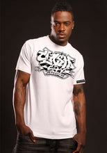 Load image into Gallery viewer, Clash City Tattoo Graffiti black on white tultex mens t shirt
