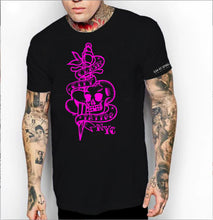 Load image into Gallery viewer, Clash City Tattoo Skull &amp; Dagger pink on black tultex mens t shirt
