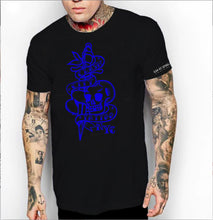 Load image into Gallery viewer, Clash City Tattoo Skull &amp; Dagger blue on black tultex mens t shirt
