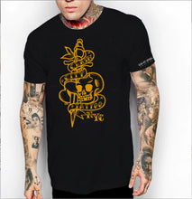 Load image into Gallery viewer, Clash City Tattoo Skull &amp; Dagger brown on black tultex mens t shirt
