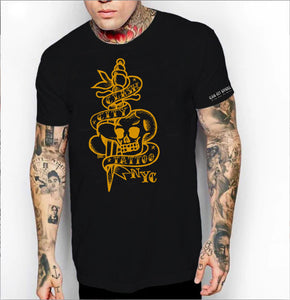 Clash City Tattoo Skull & Dagger brown on black tultex mens t shirt