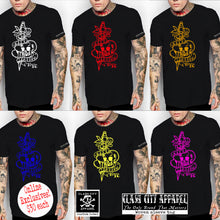 Load image into Gallery viewer, Clash City Tattoo Skull &amp; Dagger yellow on black tultex mens t shirt
