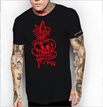 Load image into Gallery viewer, Clash City Tattoo Skull &amp; Dagger red on black tultex mens t shirt
