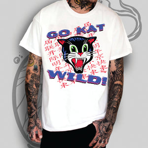 Go Cat Wild Japanese Rockabilly T Shirt Men's (White)