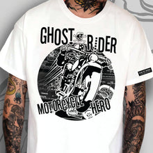 Load image into Gallery viewer, Ghost Rider Motorcycle Hero white mens t shirt
